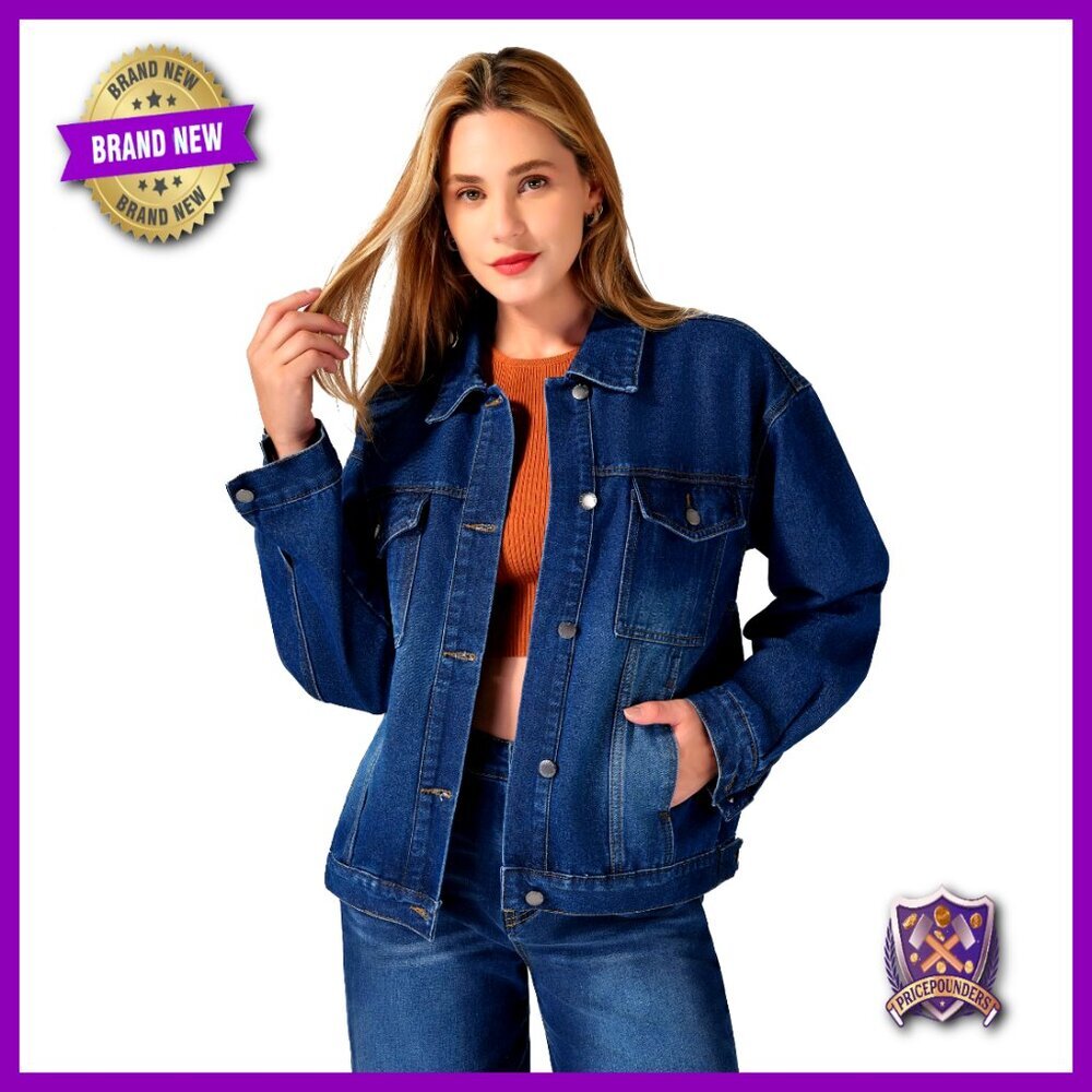 Oversized Denim Jacket Women's Long Sleeve Button Up Washed Western Trucker Coat